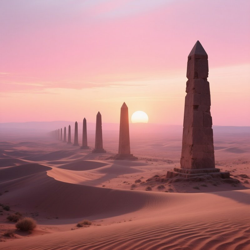 A Panoramic Sunrise Over The Desert Plateau With A Line Of Ancient Obelisks Standing Like