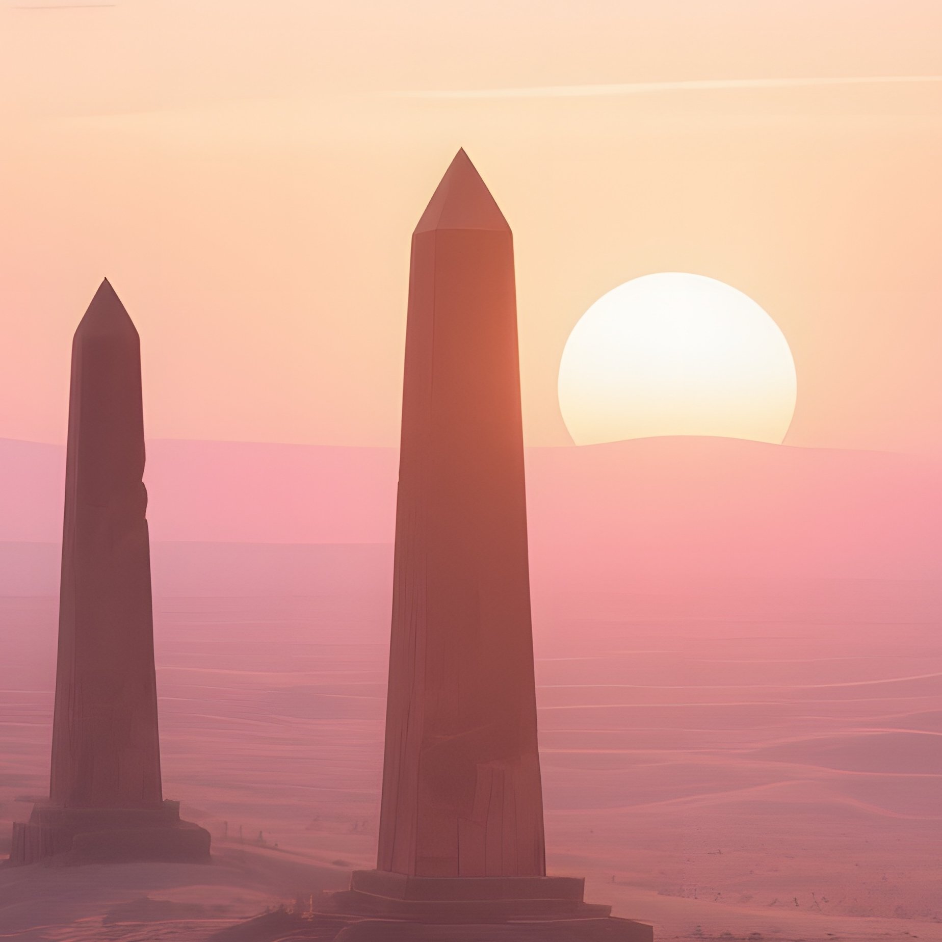 A Panoramic Sunrise Over The Desert Plateau With A Line Of Ancient Obelisks Standing Like - Full Resolution Quality Preview