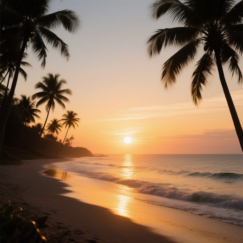 A Panoramic View Of A Beach At Sunset, With The Sun Setting Behind The Ocean, Casting A Golden Glow