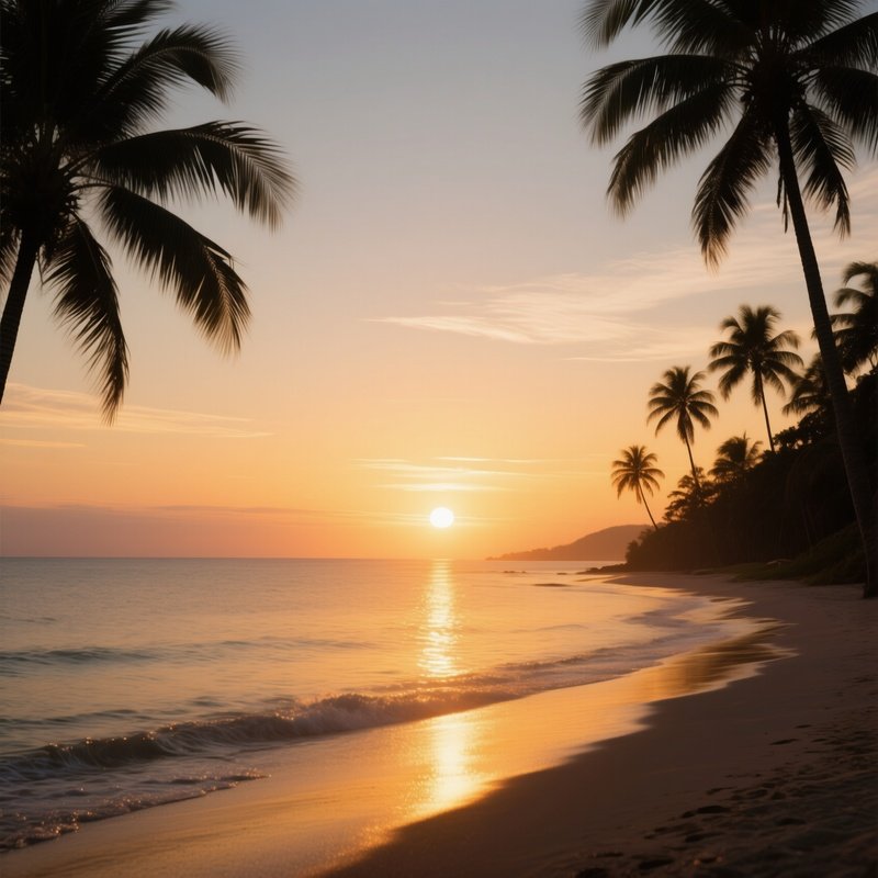A Panoramic View Of A Beach At Sunset, With The Sun Dipping Below The Horizon, Casting A Golden