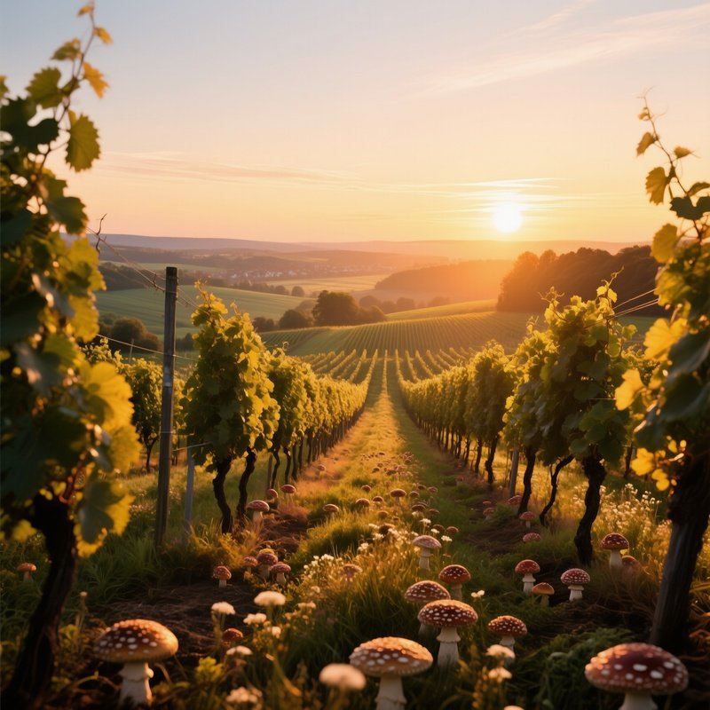 A Panoramic View Of A German Vineyard At Sunset, Rows Of Grapevines Interspersed With Wild Mushroom