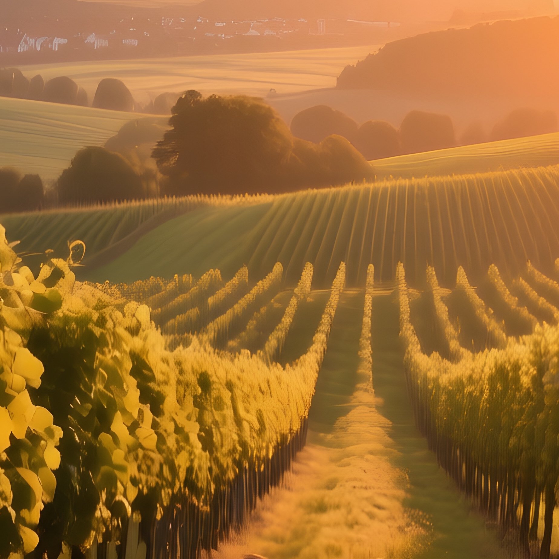 A Panoramic View Of A German Vineyard At Sunset, Rows Of Grapevines Interspersed With Wild Mushroom - Full Resolution Quality Preview