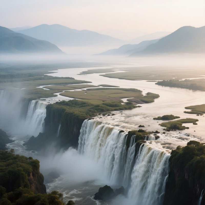 A Panoramic View Of A Massive Waterfall Feeding Into A Sprawling River Delta, Distant Mountains