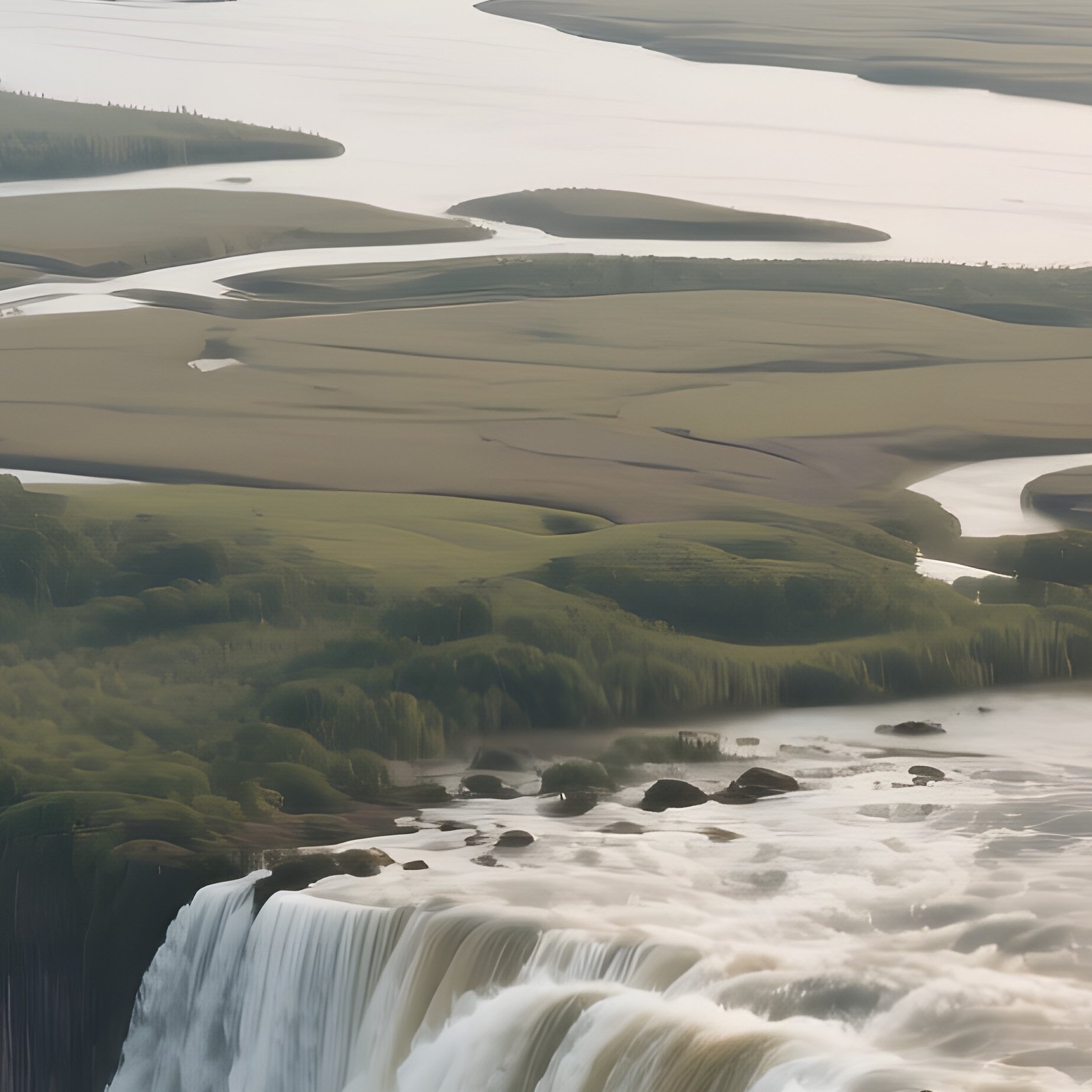 A Panoramic View Of A Massive Waterfall Feeding Into A Sprawling River Delta, Distant Mountains - Full Resolution Quality Preview