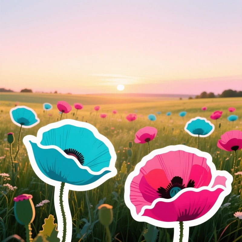 A Panoramic View Of A Meadow At Golden Hour, Populated By Stylized Pop‑Art Poppies In Contrasting