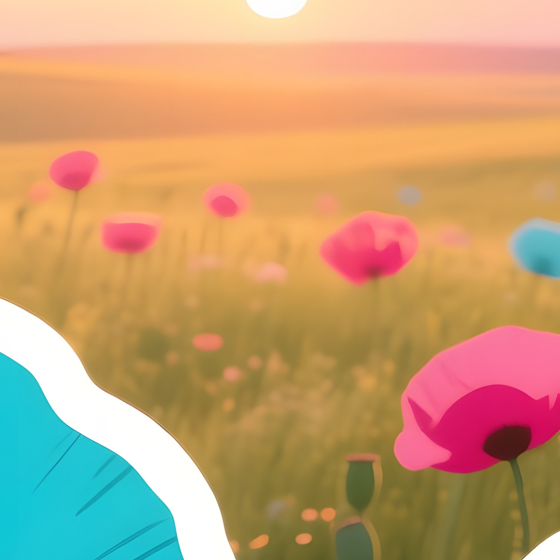 A Panoramic View Of A Meadow At Golden Hour, Populated By Stylized Pop‑Art Poppies In Contrasting - Full Resolution Quality Preview