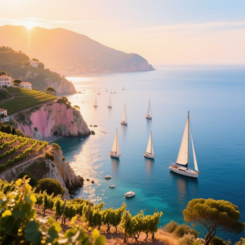 A Panoramic View Of A Mediterranean Coastline At Golden Hour, Pastel Cliffs Dotted With Vineyards,