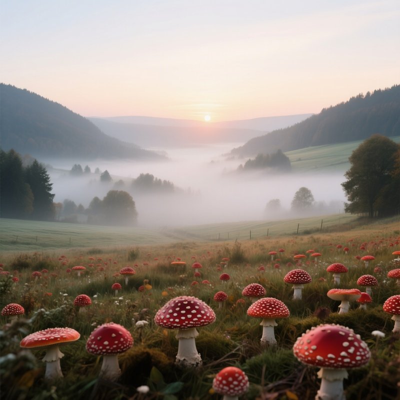 A Panoramic View Of A Misty German Valley At Sunrise, Fields Dotted With Red Fly Agaric Caps
