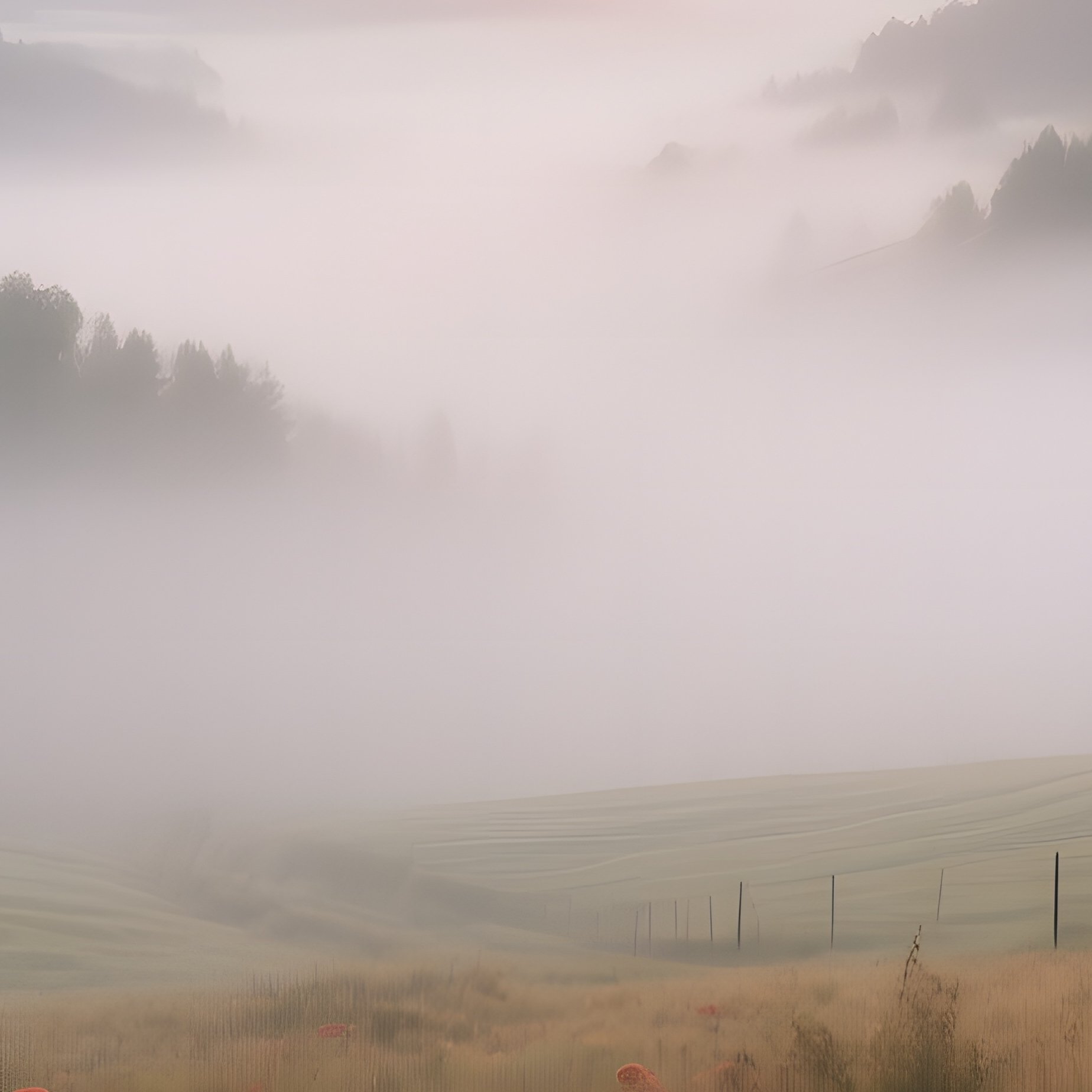 A Panoramic View Of A Misty German Valley At Sunrise, Fields Dotted With Red Fly Agaric Caps - Full Resolution Quality Preview