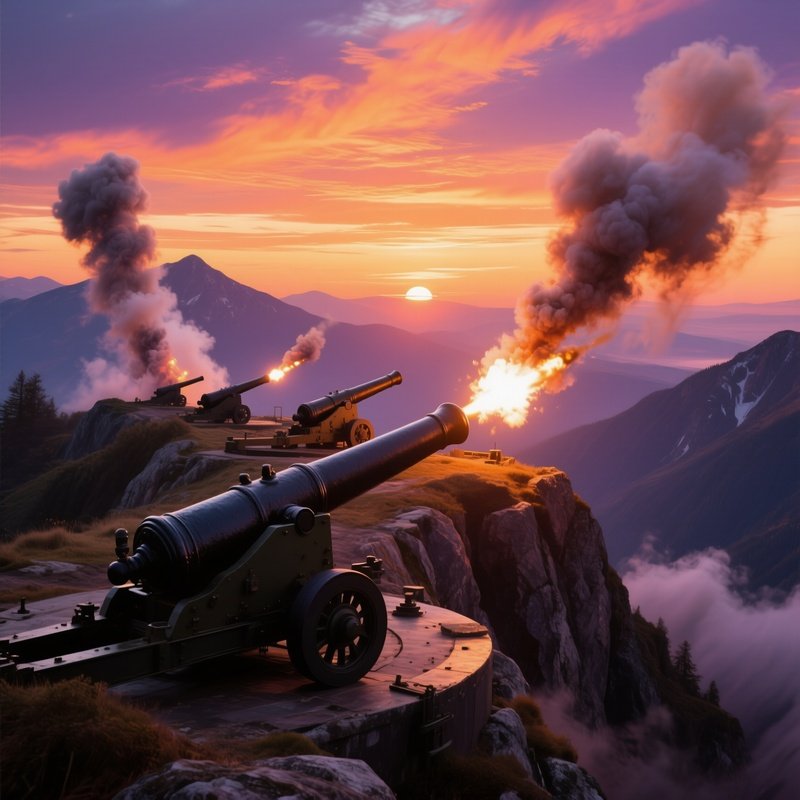 A Panoramic View Of A Mountain Artillery Battery At Sunset, Cannons Positioned On Rocky Ledges,