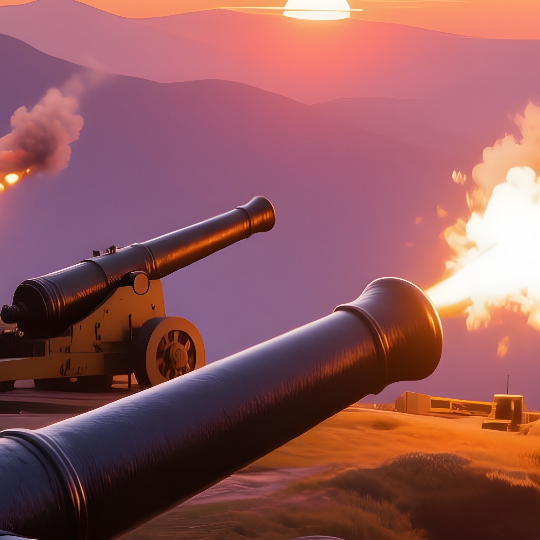 A Panoramic View Of A Mountain Artillery Battery At Sunset, Cannons Positioned On Rocky Ledges, - Full Resolution Quality Preview