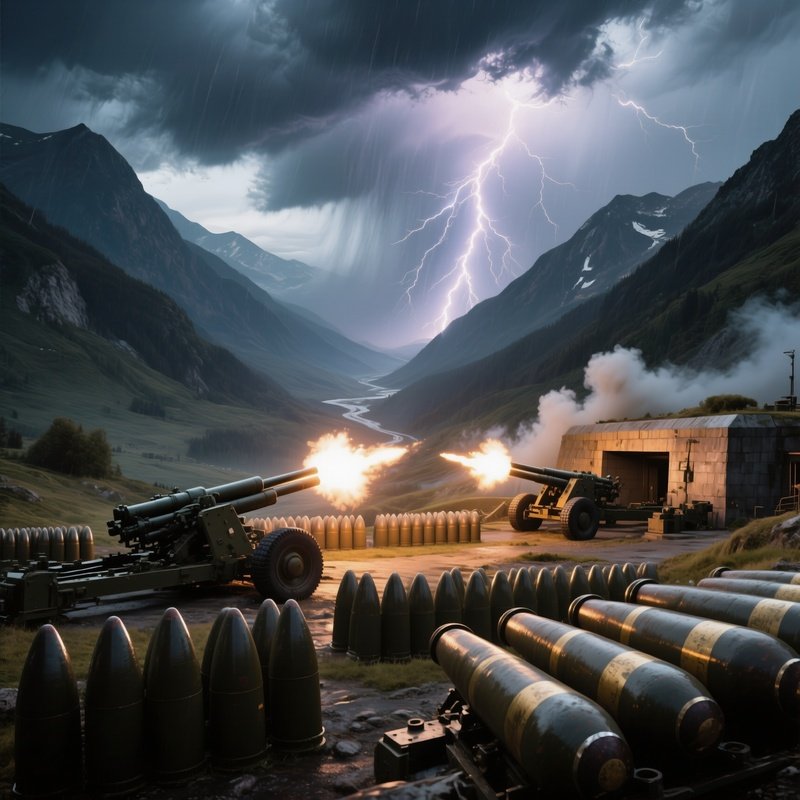 A Panoramic View Of A Mountain Pass Artillery Position Under A Stormy Sky, Lightning Illuminating