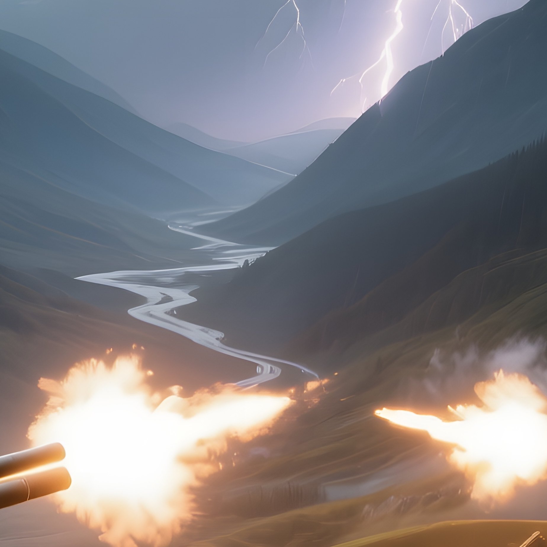 A Panoramic View Of A Mountain Pass Artillery Position Under A Stormy Sky, Lightning Illuminating - Full Resolution Quality Preview