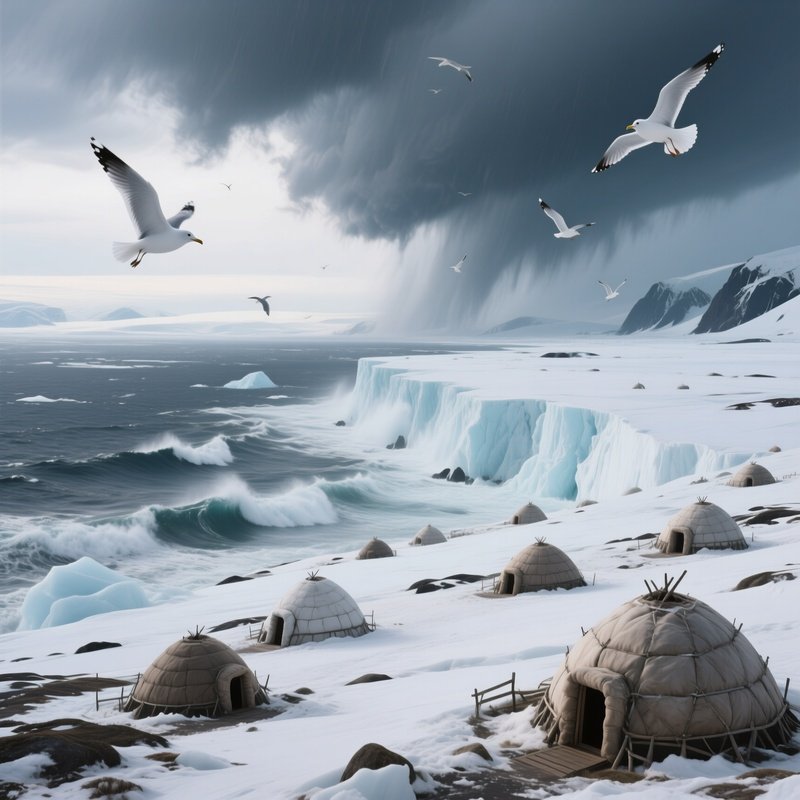 A Panoramic View Of A Remote Arctic Coastline Dotted With Small Igloos, Gulls Circling Above, And