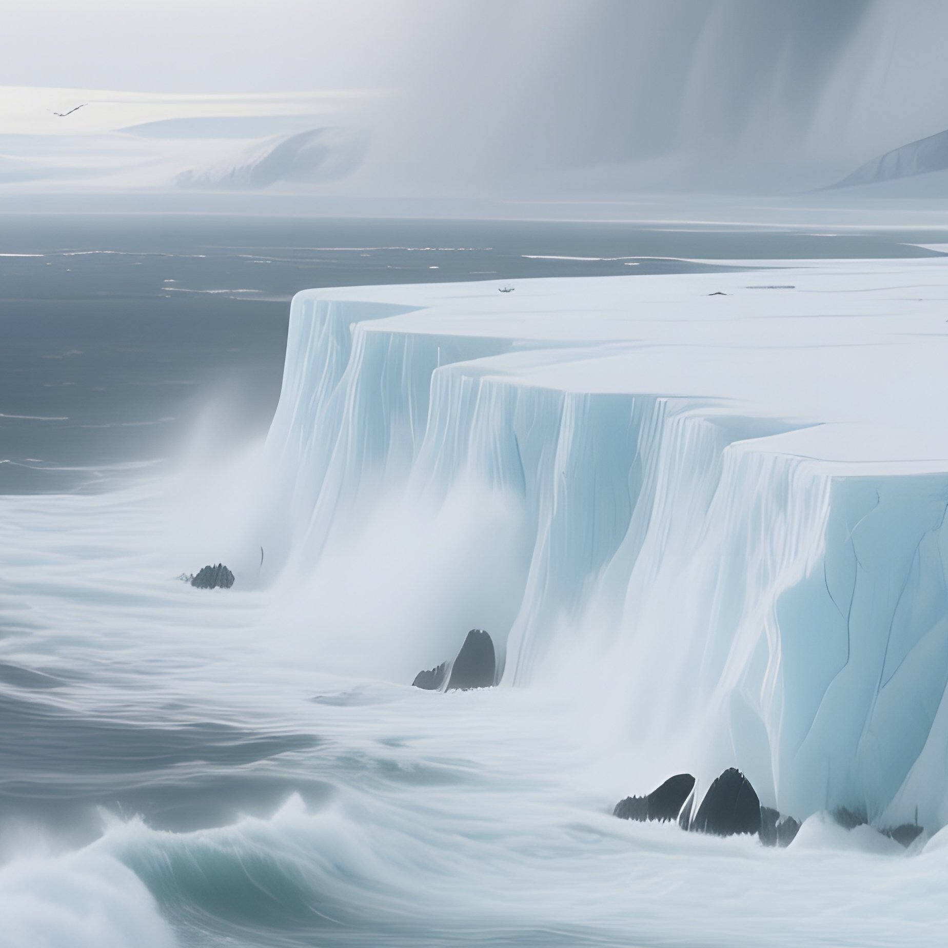 A Panoramic View Of A Remote Arctic Coastline Dotted With Small Igloos, Gulls Circling Above, And - Full Resolution Quality Preview
