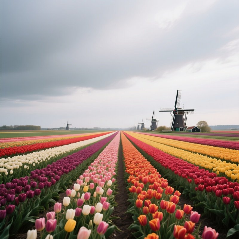 A Panoramic View Of A Tulip Field In Holland Under An Overcast Sky, Rows Of Multicolored Blooms