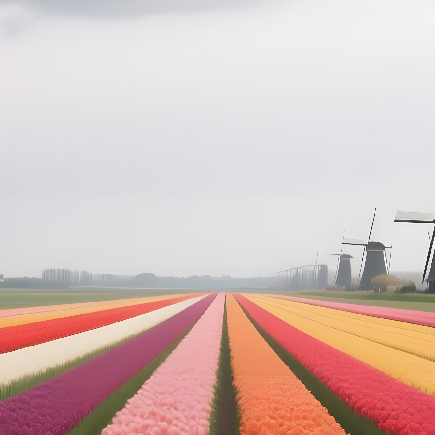 A Panoramic View Of A Tulip Field In Holland Under An Overcast Sky, Rows Of Multicolored Blooms - Full Resolution Quality Preview
