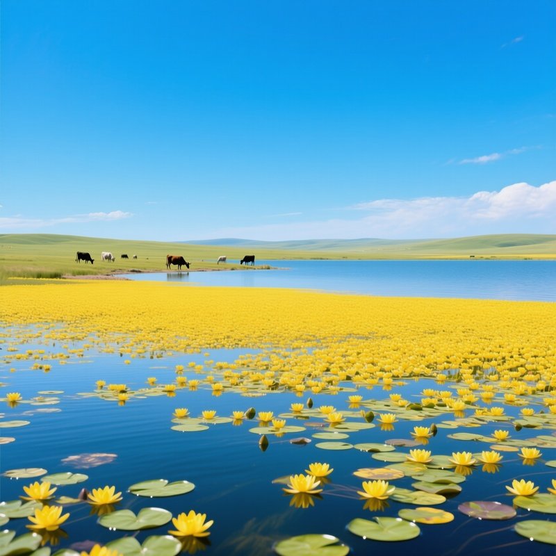 A Panoramic View Of A Vast Prairie Lake Under A Clear Blue Sky, Countless Yellow Water Lilies