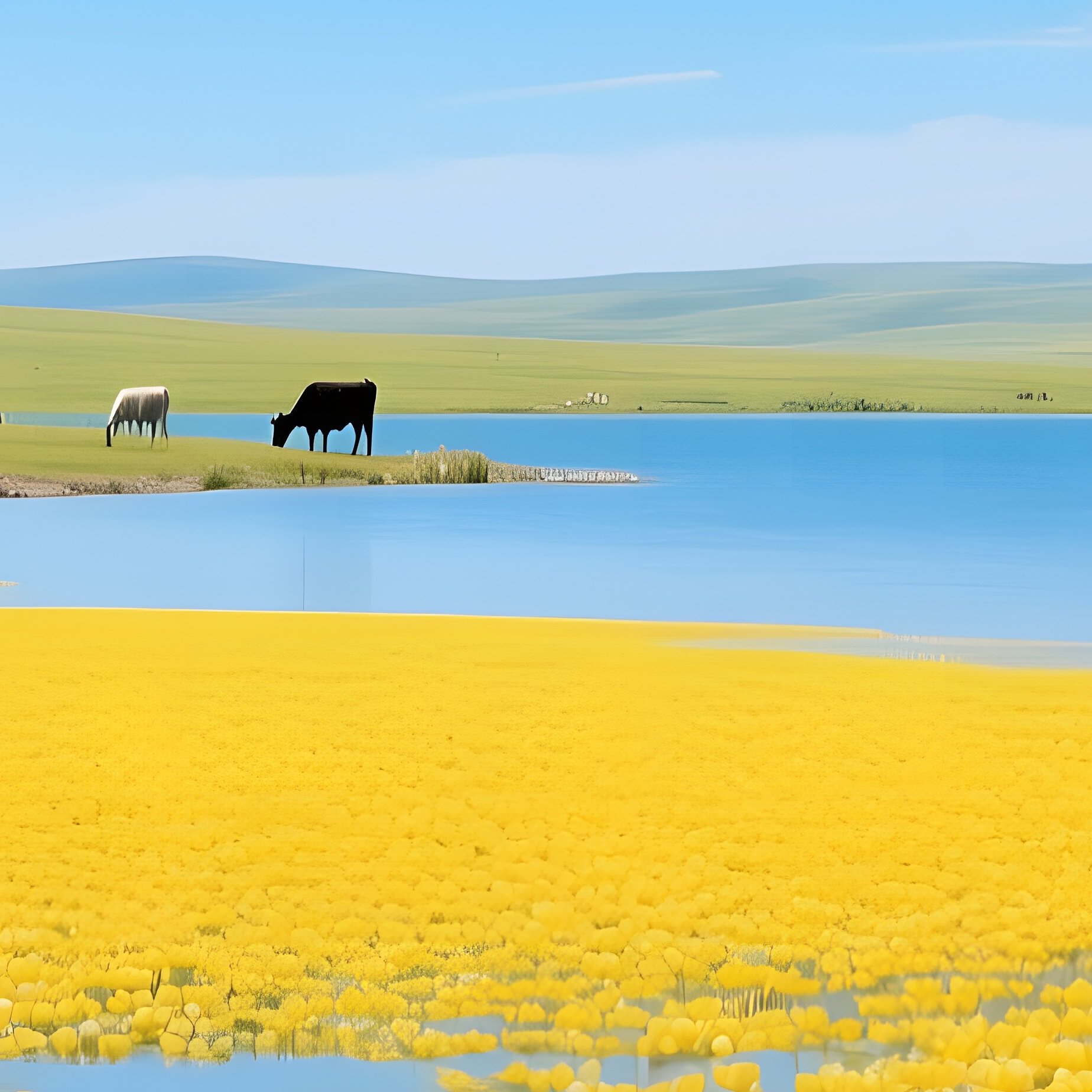 A Panoramic View Of A Vast Prairie Lake Under A Clear Blue Sky, Countless Yellow Water Lilies - Full Resolution Quality Preview