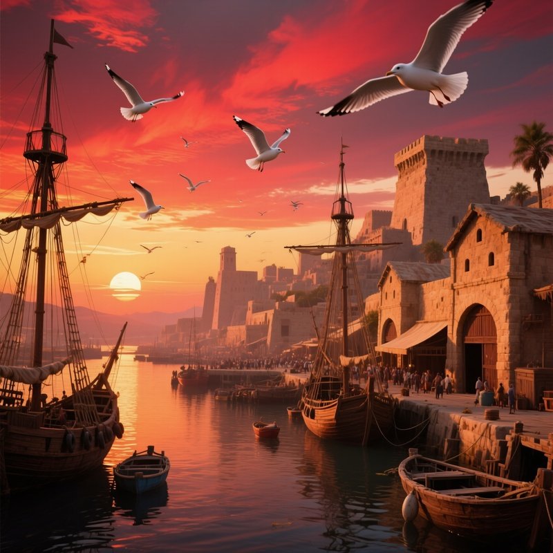 A Panoramic View Of An Ancient Port City At Sunset, Wooden Ships Moored Beside Sandstone