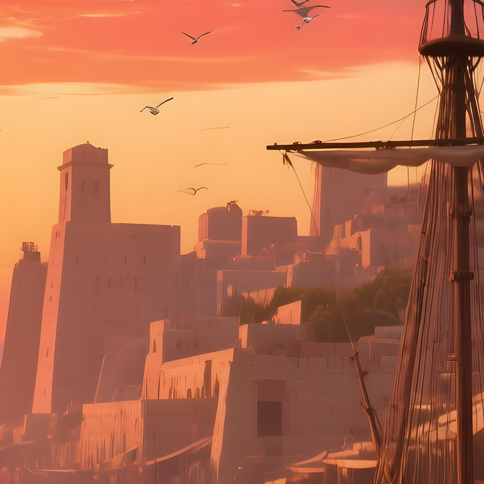 A Panoramic View Of An Ancient Port City At Sunset, Wooden Ships Moored Beside Sandstone - Full Resolution Quality Preview