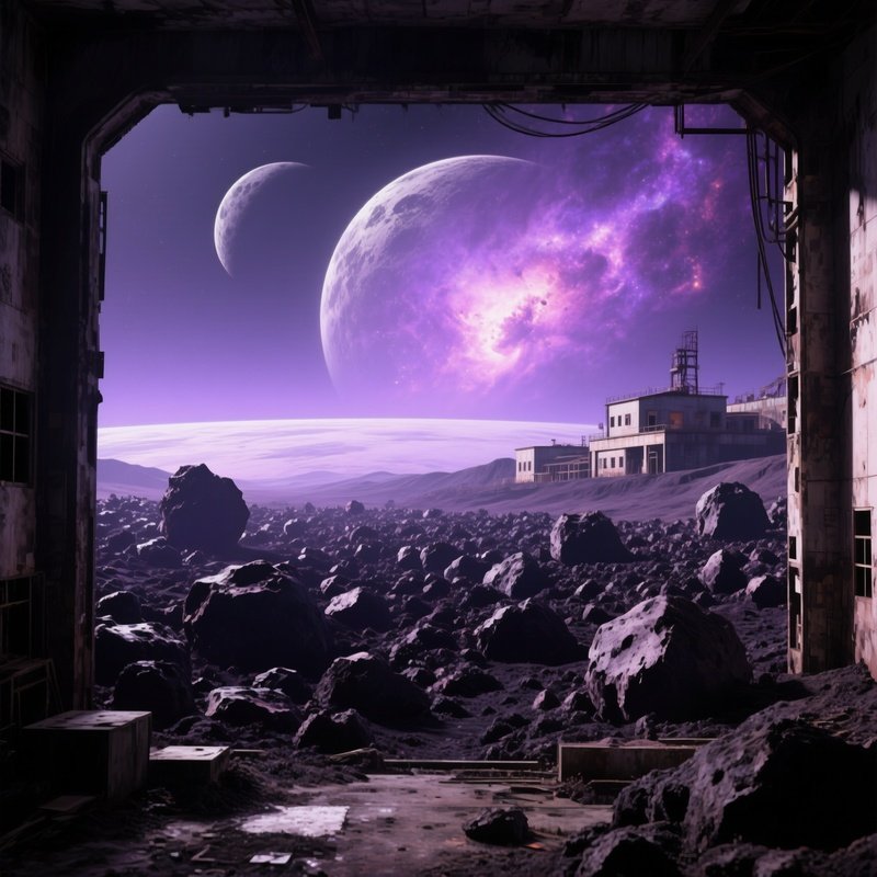 A Panoramic Vista From Inside An Abandoned Mining Colony On A Small Moon, Showing A Dense Field Of