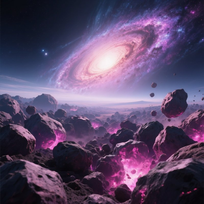 A Panoramic Vista Of A Distant Galaxy’S Core Visible Through Gaps Between Densely Packed Asteroids,