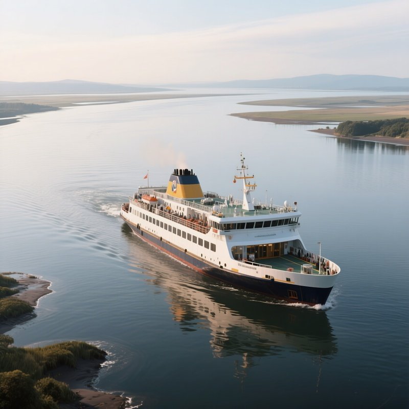 A Passenger Ferry Drifting Across A Wide Estuary