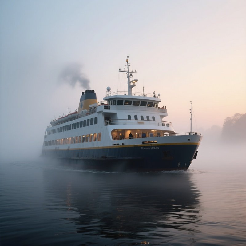 A Passenger Ferry Drifting Through A Light Evening Mist
