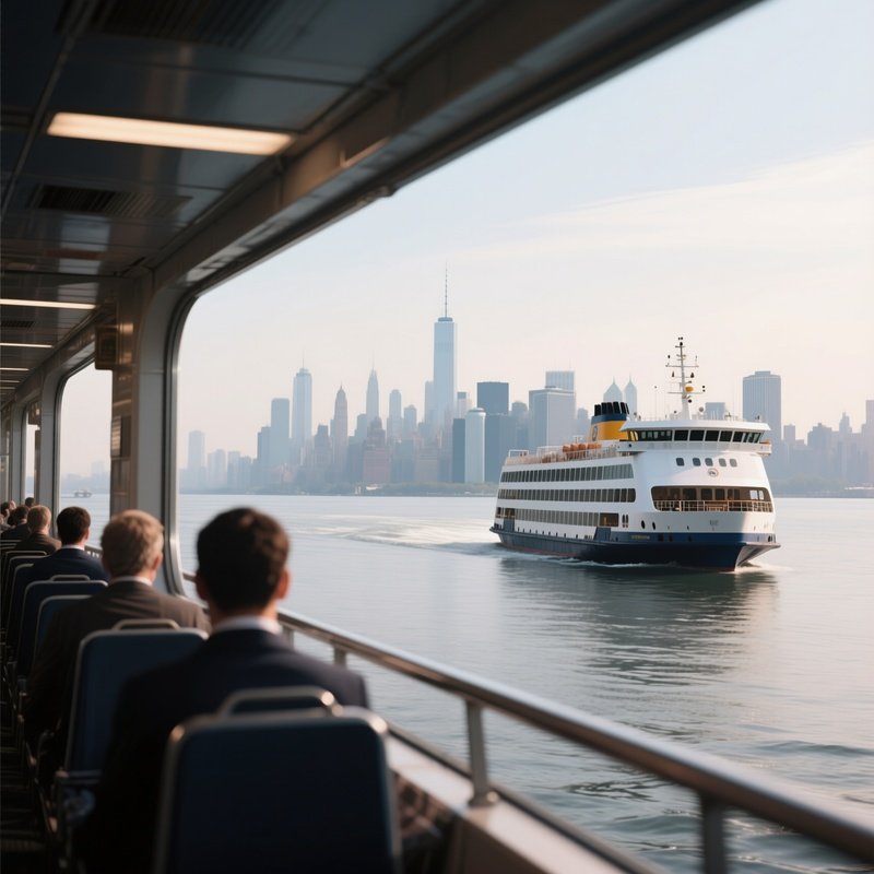A Passenger Ferry Leaving A City Skyline In The Distance