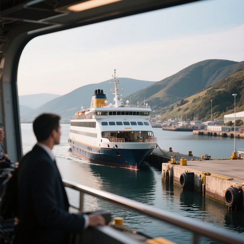 A Passenger Ferry Leaving A Port Surrounded By Hills