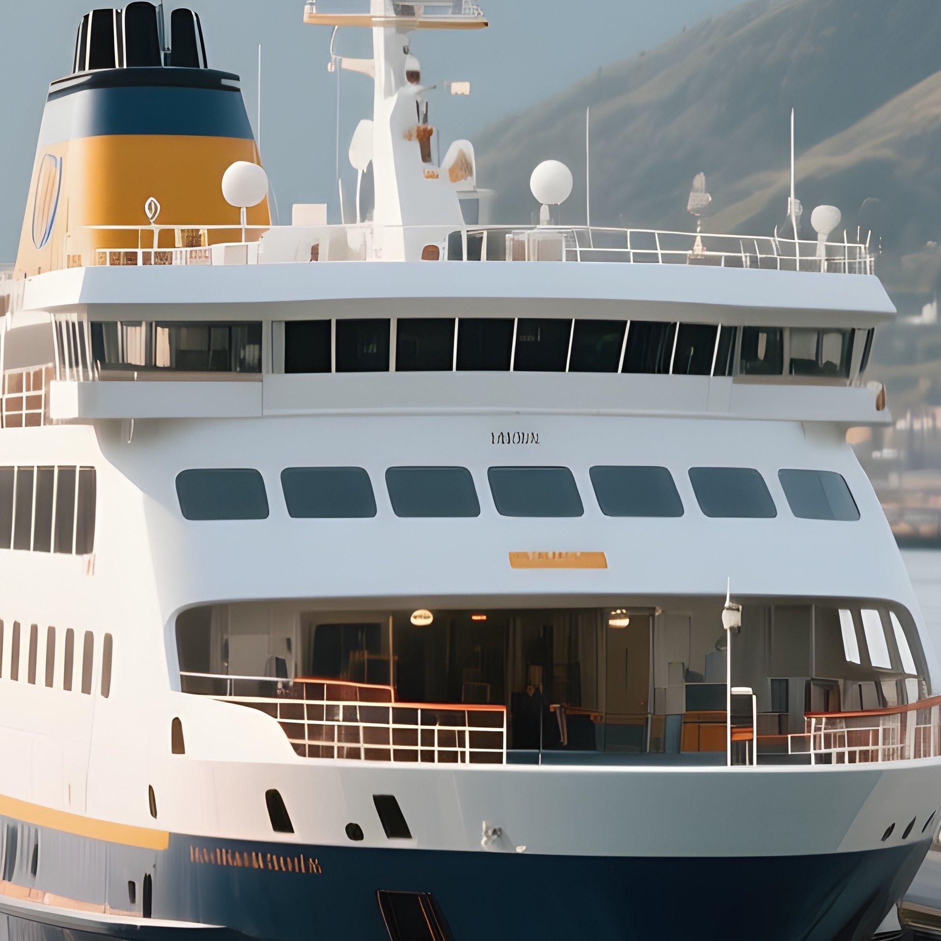 A Passenger Ferry Leaving A Port Surrounded By Hills - Full Resolution Quality Preview