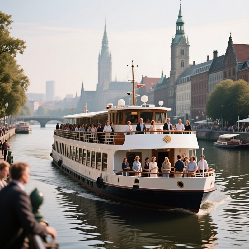 A Passenger Riverboat Carrying Tourists Through A Historic City