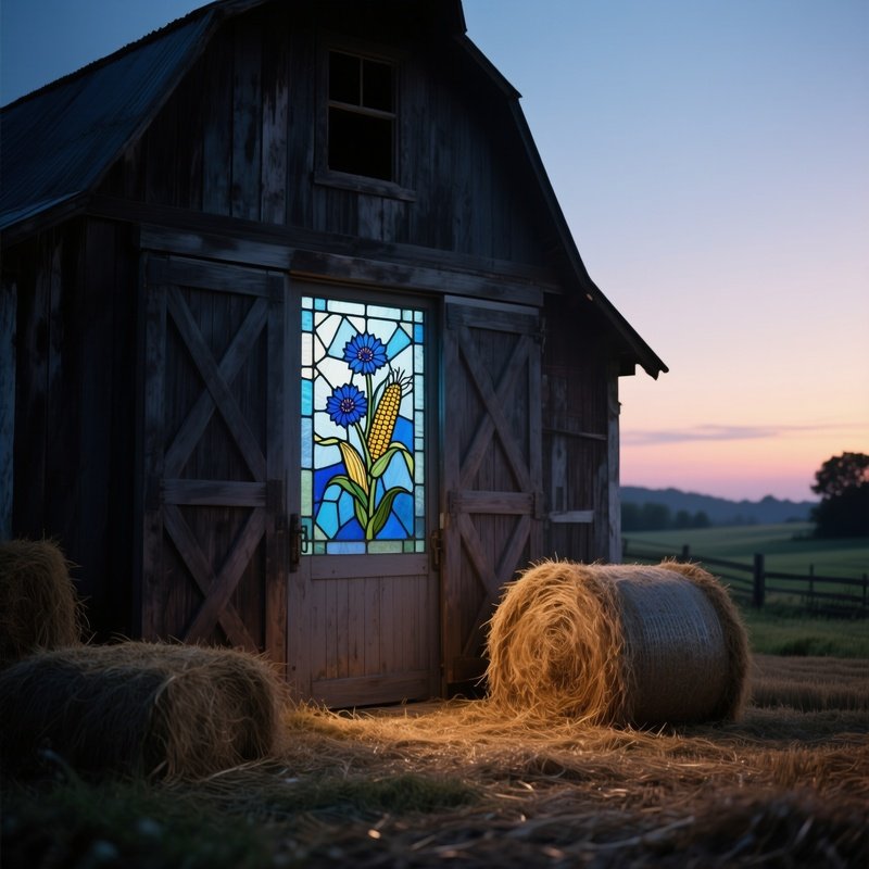 A Pastoral Farmstead At Dusk, A Barn Door Replaced By A Stained‑Glass Panel Of Cornflowers, Casting