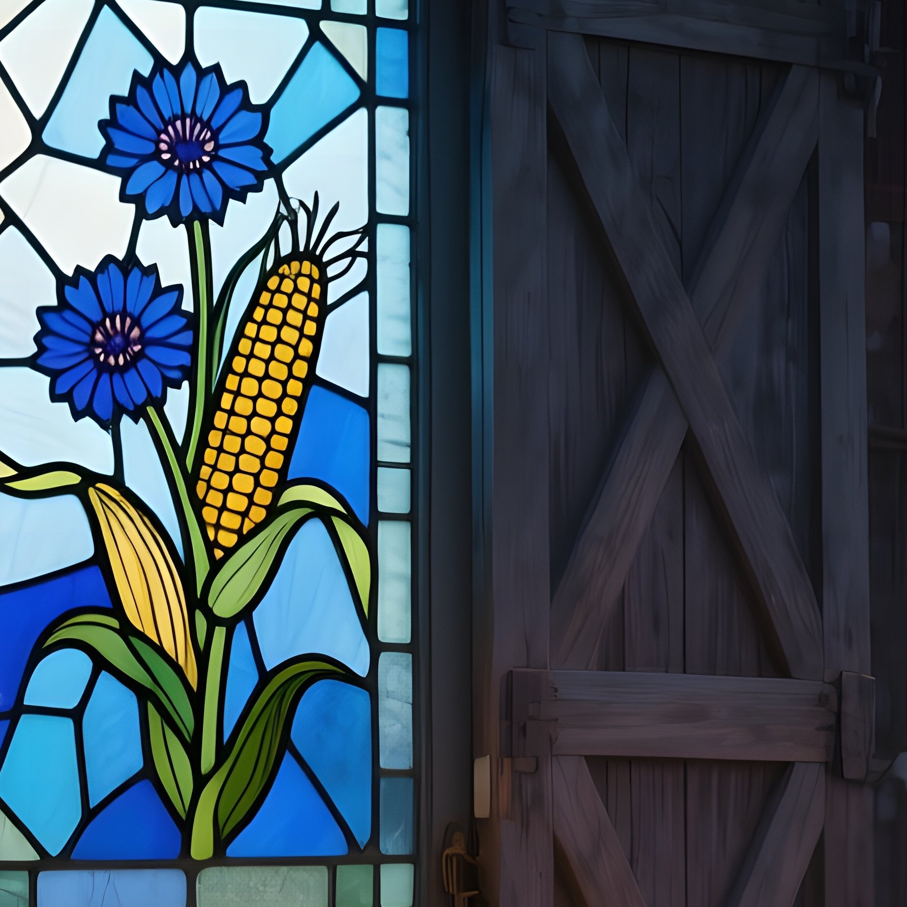 A Pastoral Farmstead At Dusk, A Barn Door Replaced By A Stained‑Glass Panel Of Cornflowers, Casting - Full Resolution Quality Preview