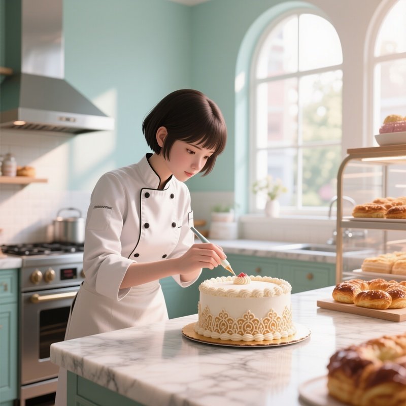 A Pastry Chef With Short Hair Decorates Intricate Cakes In A Bright Bakery Kitchen, Pastel Walls