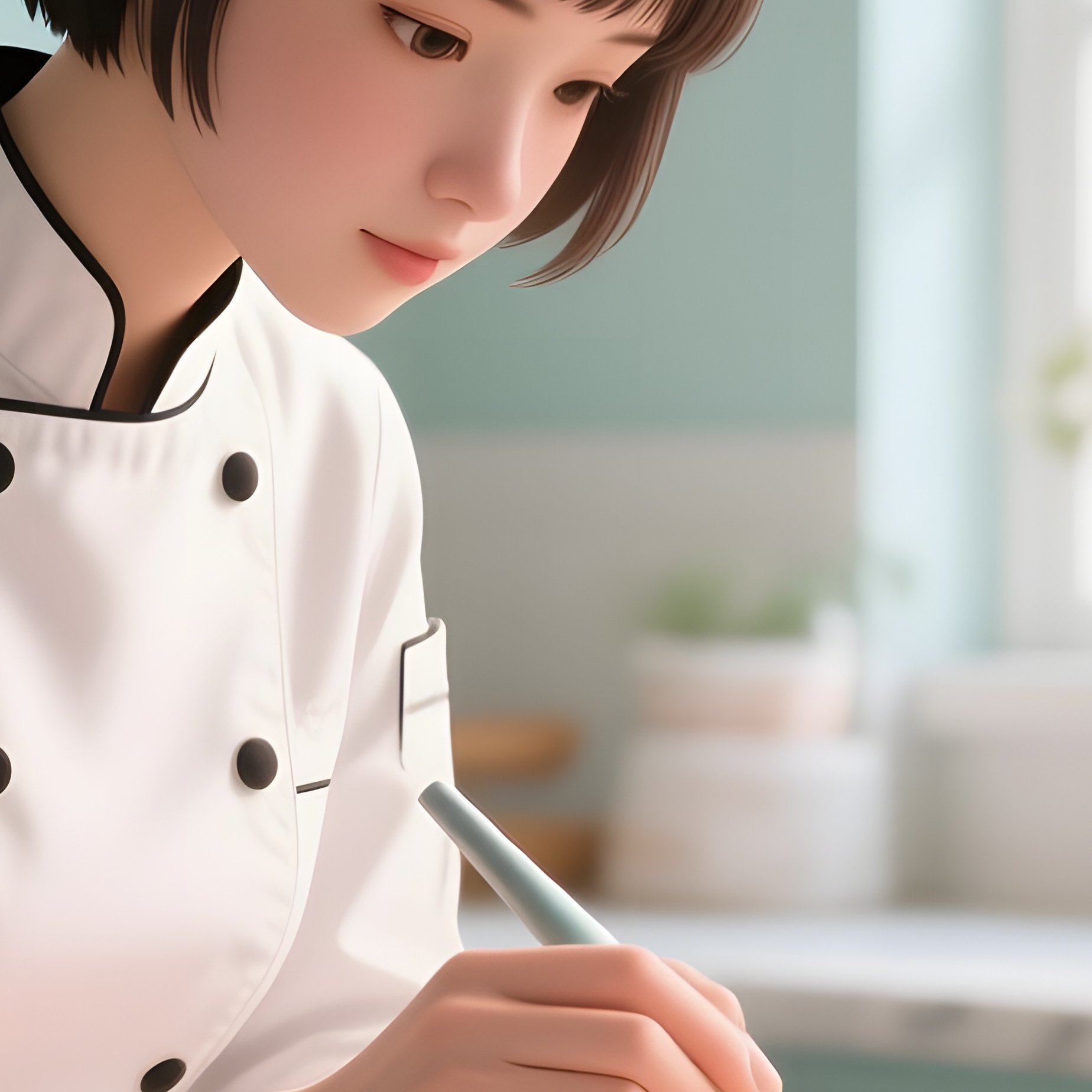 A Pastry Chef With Short Hair Decorates Intricate Cakes In A Bright Bakery Kitchen, Pastel Walls - Full Resolution Quality Preview