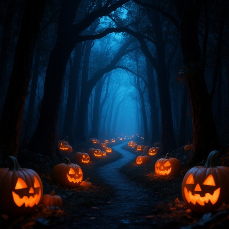 A Path Lined With Glowing Jack O Lanterns In A Forest Halloween