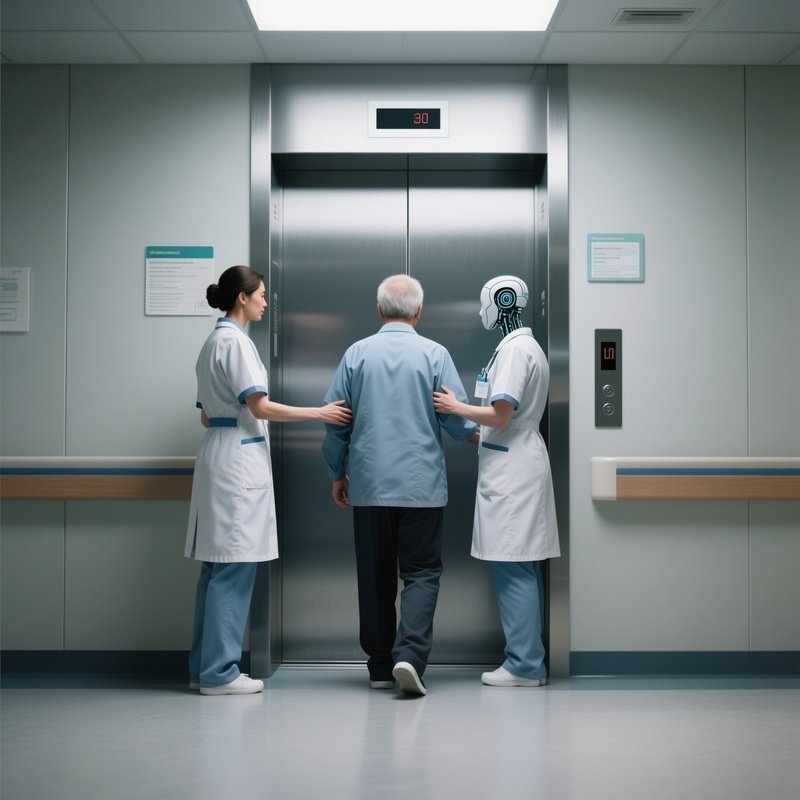 A Patient Being Guided Into An Elevator By Hospital Staff