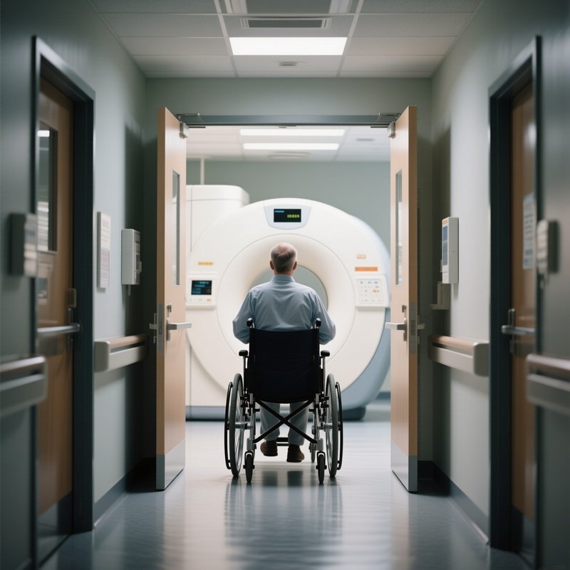 A Patient Being Wheeled Into A Diagnostic Imaging Hallway