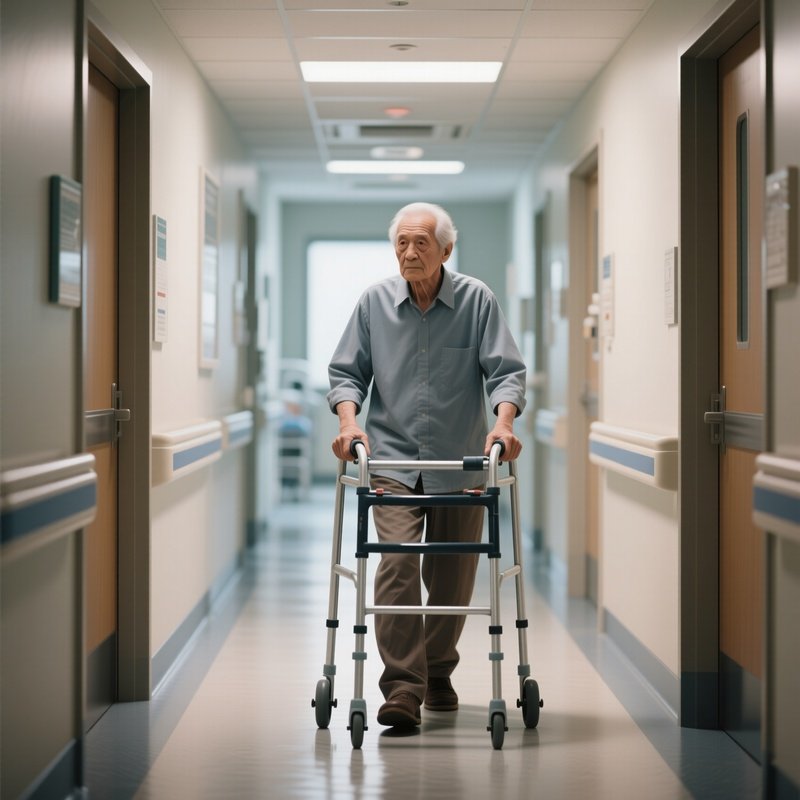 A Patient Using A Walker In A Rehabilitation Hallway