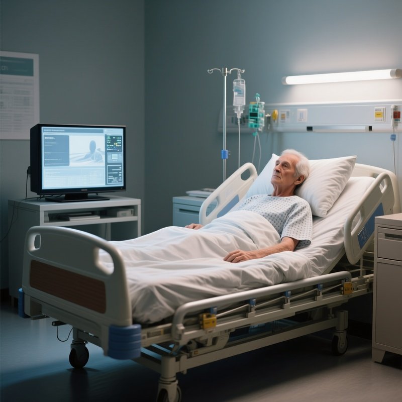 A Patient Watching Television From An Adjustable Hospital Bed