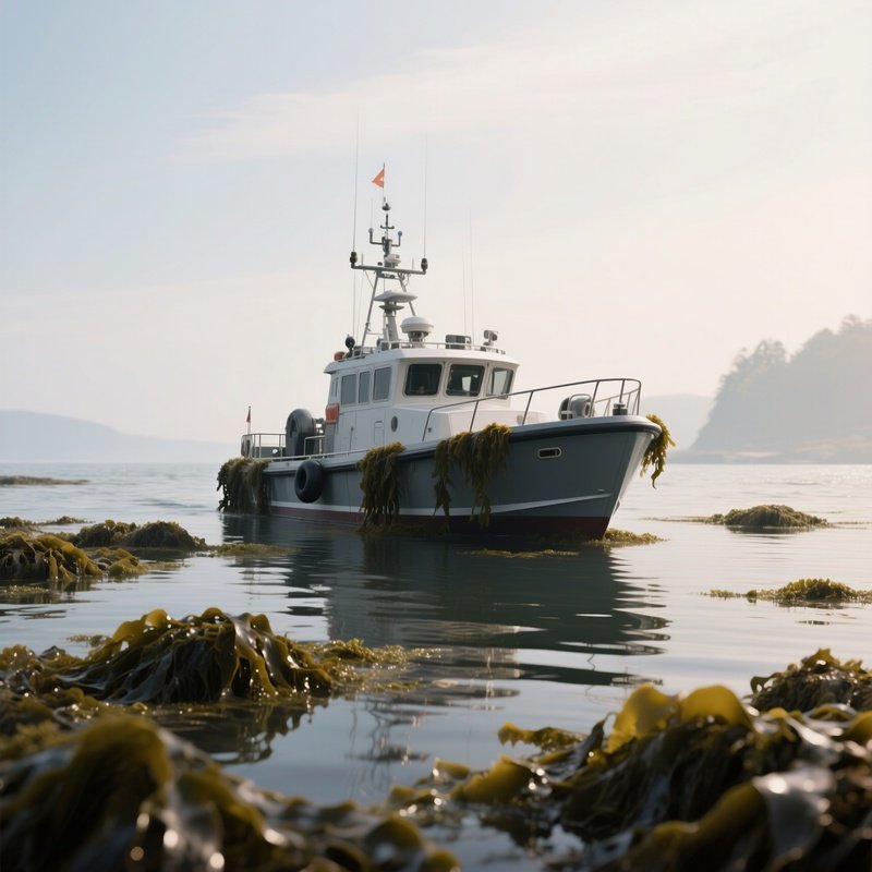 A Patrol Boat Drifting Quietly Near Kelp Covered Waters