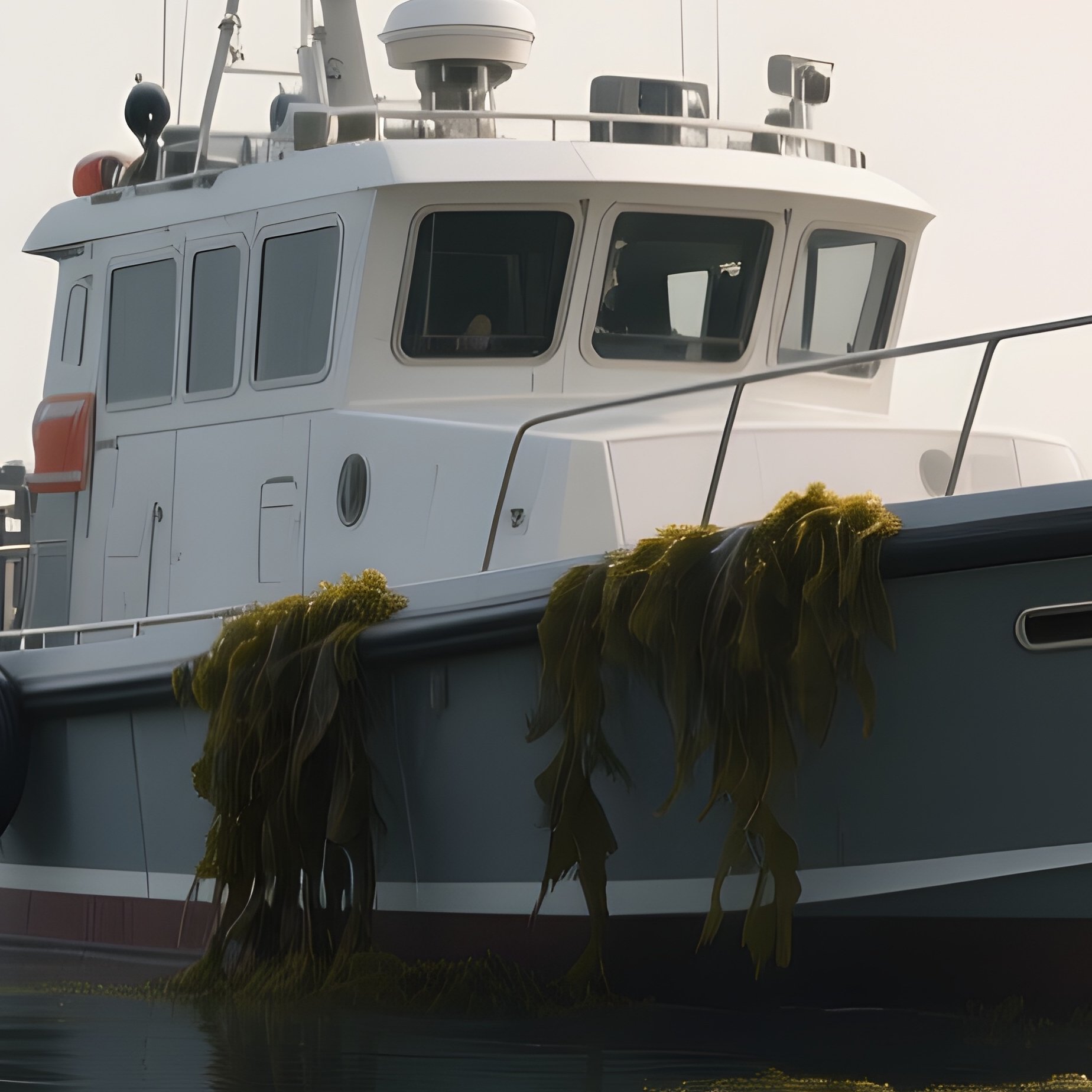A Patrol Boat Drifting Quietly Near Kelp Covered Waters - Full Resolution Quality Preview