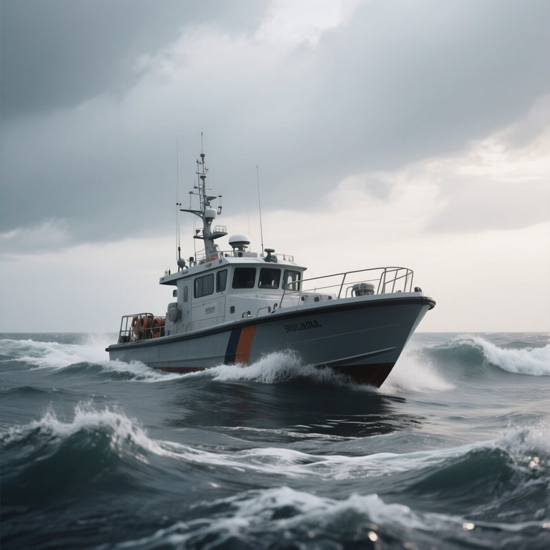 A Patrol Boat Drifting Under Overcast Skies And Moderate Swell