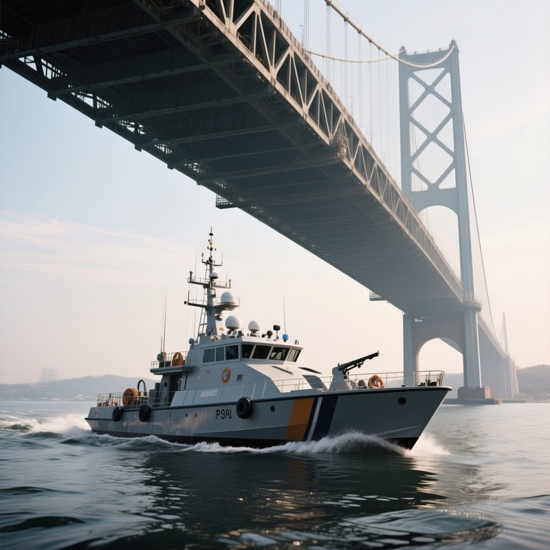 A Patrol Craft Cruising Under A Tall Bridge