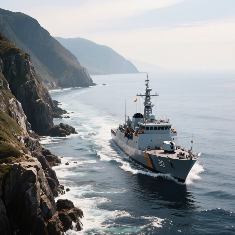 A Patrol Ship Navigating A Long Rocky Coastline