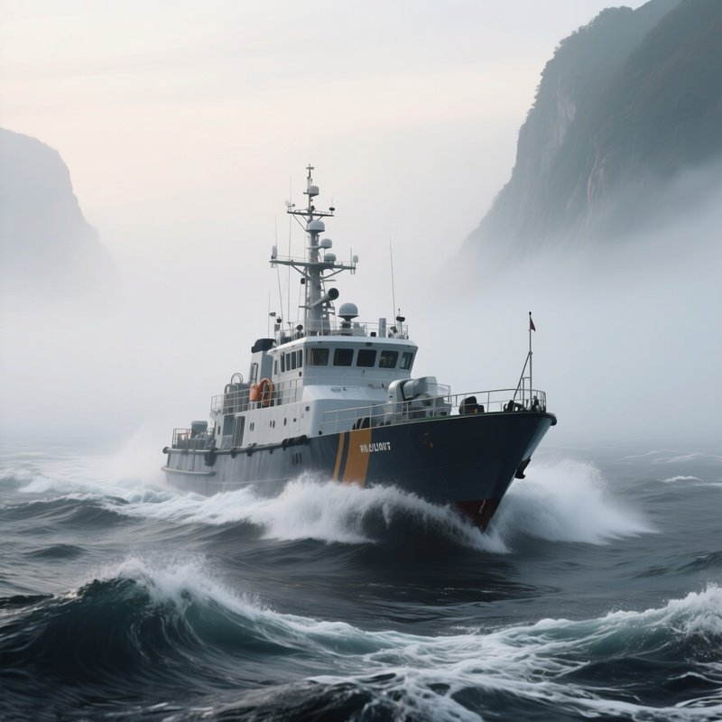 A Patrol Vessel Cutting Through Swirling Sea Fog