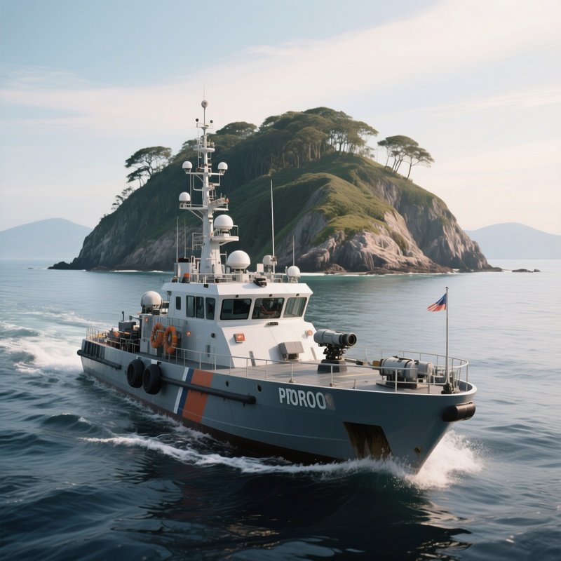 A Patrol Vessel Monitoring Activity Near A Remote Island