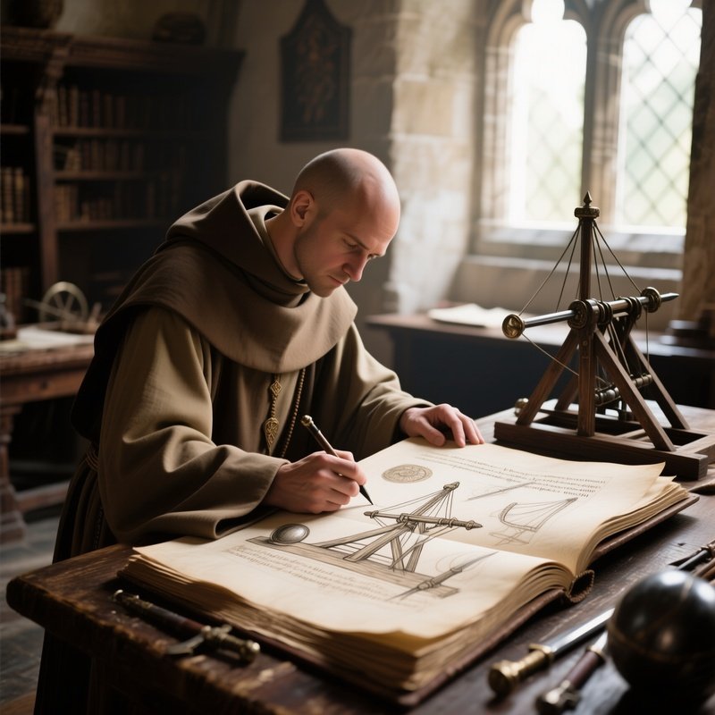 A Peaceful Afternoon In A Monastery'S Scriptorium, Where A Monk Carefully Illustrates A Manuscript